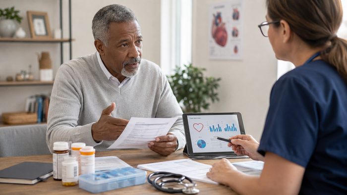 Patient and clinician discussing cardiovascular care planning