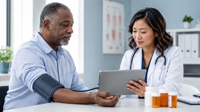 Doctor reviewing blood pressure readings with a patient