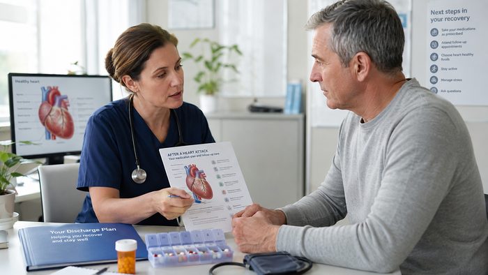 Post-heart-event medication and aftercare consultation